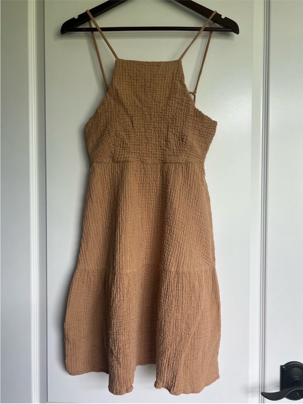 Zara Tan Cotton Gauze Smocked Halter Tiered Casual Sundress Mini Dress XS Brown